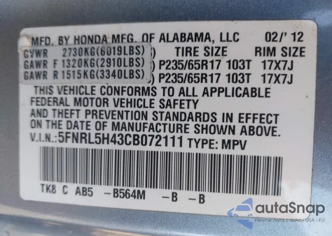 2012 Honda Odyssey Ex from USA, damaged, VIN 5FNRL5H43CB072111